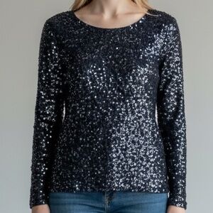 J.Crew Navy Blue Sequin Bracelet Sleeve Boatneck Top